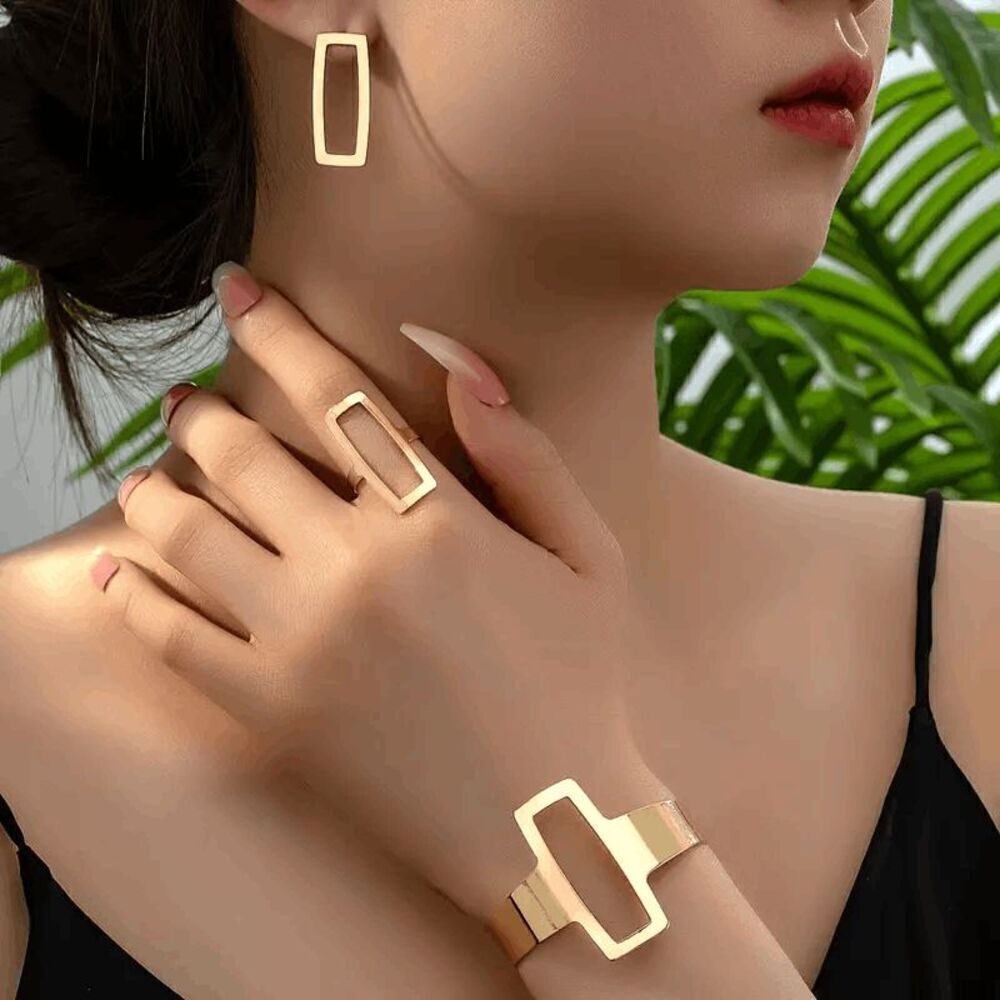 Geometric Bracelet, Earring, Ring Set